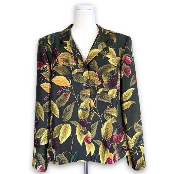 Linda Allard Ellen Tracy Women Silk Wool Blazer 14 Floral Green Boho Botanical - Picture 1 of 16